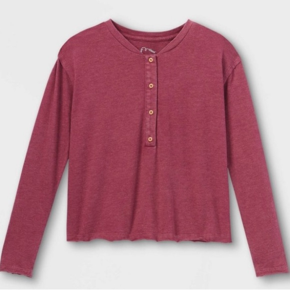 Art Class Girl’s Long Sleeve Button Down Henley Shirt - Maroon NEW